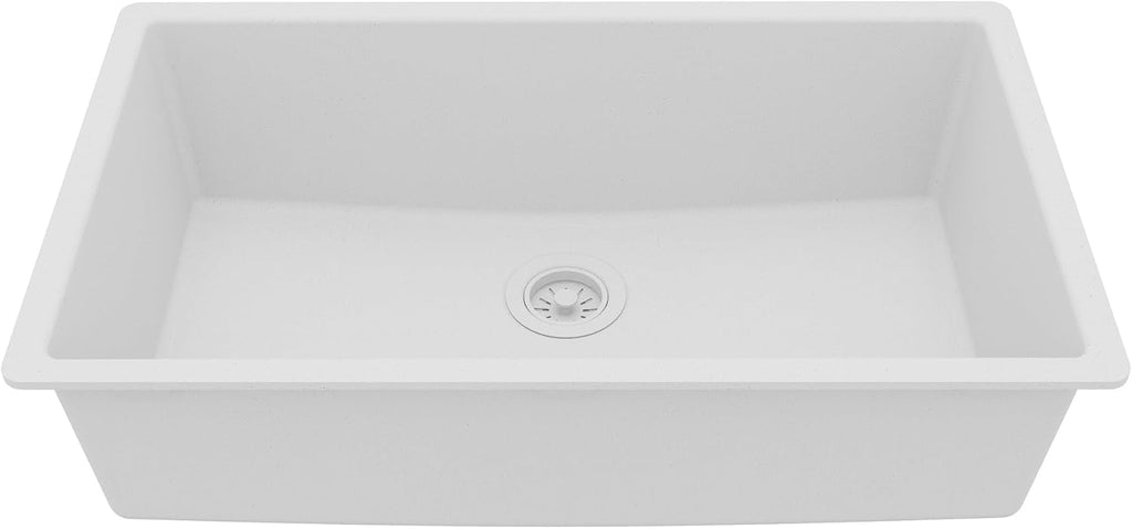 Karran 33 Inch White Undermount Single Bowl Quartz Composite Kitchen Sink, Extra Deep 9' Basin, Heat Scratch and Stain Resistant, Sound Dampening, Rear Drain Design – QU-812
