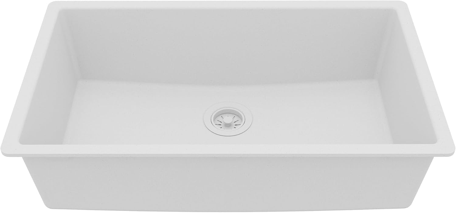 Karran 33 Inch White Undermount Single Bowl Quartz Composite Kitchen Sink, Extra Deep 9' Basin, Heat Scratch and Stain Resistant, Sound Dampening, Rear Drain Design – QU-812