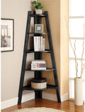 BOWERY HILL 5-Shelf Corner Bookshelf, Ladder-Inspired Design, Solid Wood and Veneer, Black Finish, 29.5' W x 21' D x 63.25' H, Tiered Wedge Shelves, Contemporary Style for Living Area or Bedroom