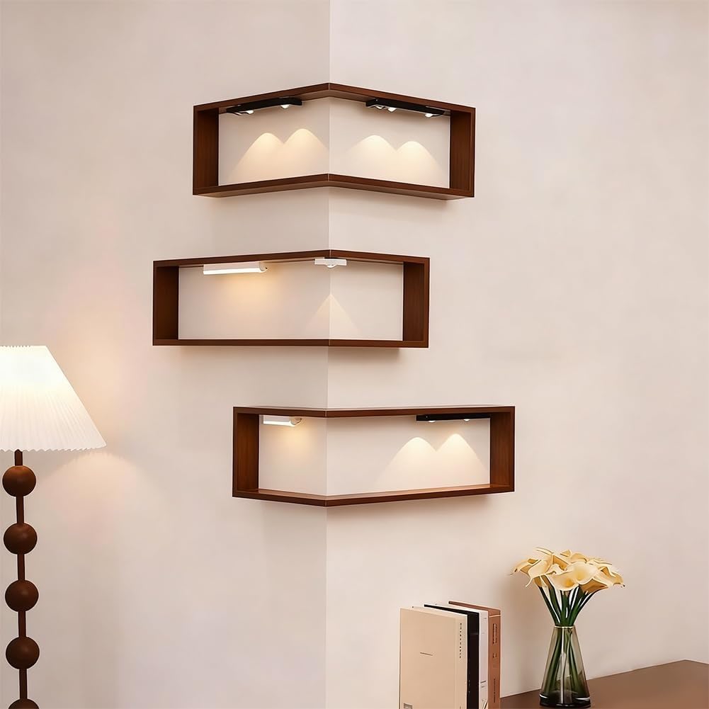 Smart Corner Shelves That Light Up Your Space, Set of 3 Corner Floating Storage Shelves,Wooden Wall-Mounted Corner Shelf Display Rack, Modern Wall-Mounted Display Rack Stand (Includes LED Lights*6)