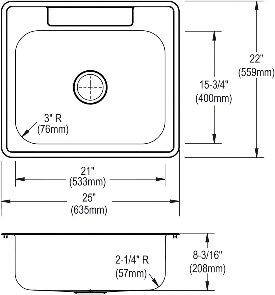 Elkay DXR25221 18 Gauge Stainless Steel Single Bowl Top Mount Kitchen Sink, 25 x 22 x 8.1875'