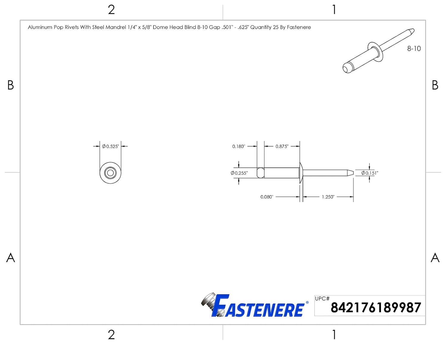 DIY Man - Pop Rivets 1/4' x 5/8' Aluminum Body Steel Mandrel Dome Head Blind Quantity 500 D&J