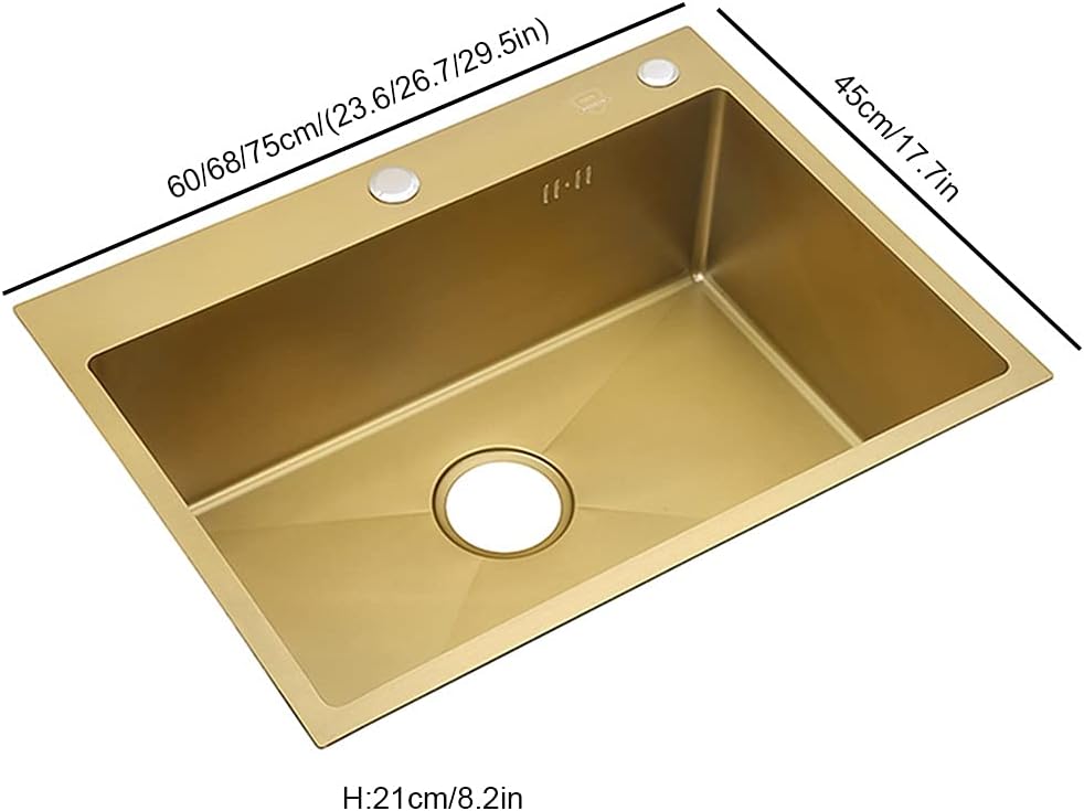 KITCHEN SINK Brushed Gold Single Bowl Bar Sink with Square Faucet and Drain Pipe Drop-in Or Undermount Suitable for Kitchen Courtyard Office Bar Laundry Sink (Color : Gold, Size : 60×45×21cm) (Go