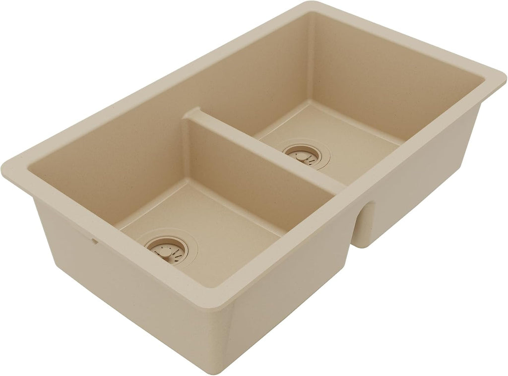 Karran 32' Bisque Quartz Composite Undermount Double Bowl Kitchen Sink with Low Divider – 50/50 Equal Bowl, 80% Natural Quartz, 535°F Heat Resistant, Sound Dampening, QU-810