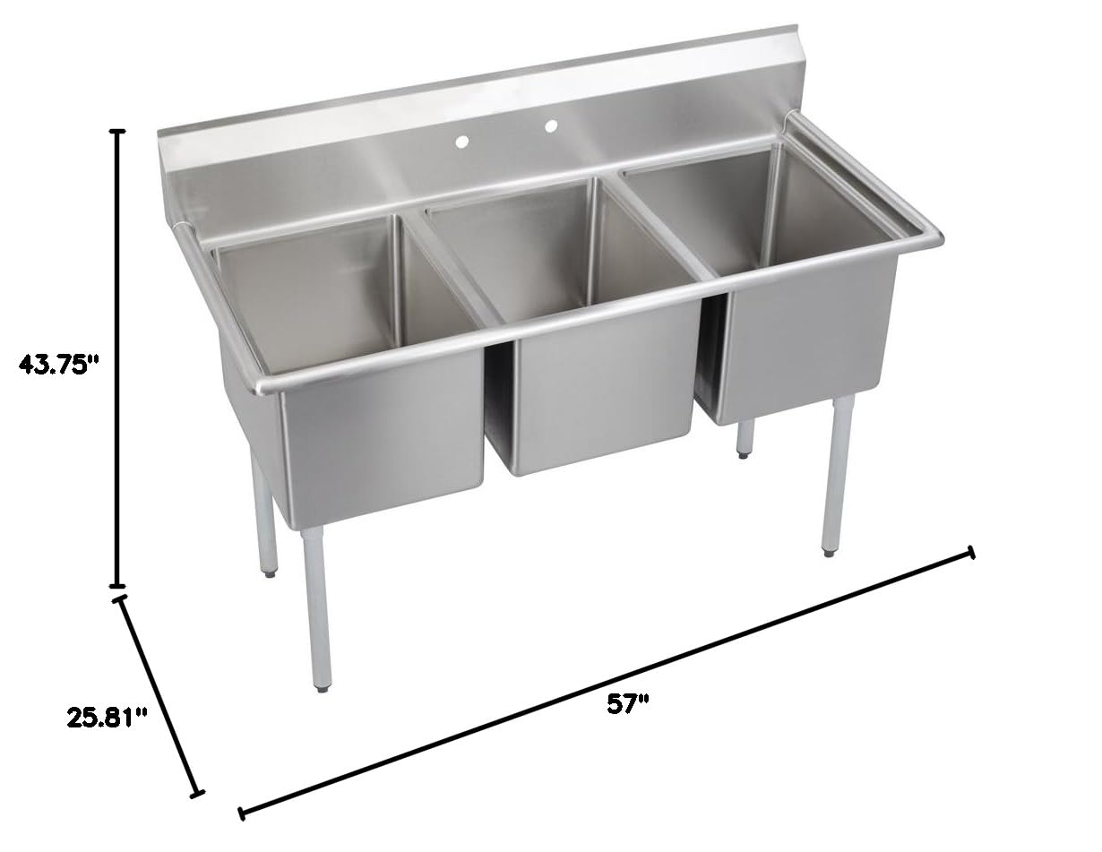 Elkay Foodservice E-Series 3-Compartment Sink, #4 Finish, 16'l x 20'w x 12'd (E3C16X20-0X)