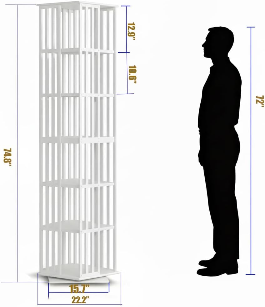 Lauxery Rotating Bookshelf Tower– 6 Tier 360° Bamboo Spinning Book Shelves| Space-Saving Tall Square Revolving Bookcase for Small Space, Living Room, Bedroom & Office | White Corner Bookshelf