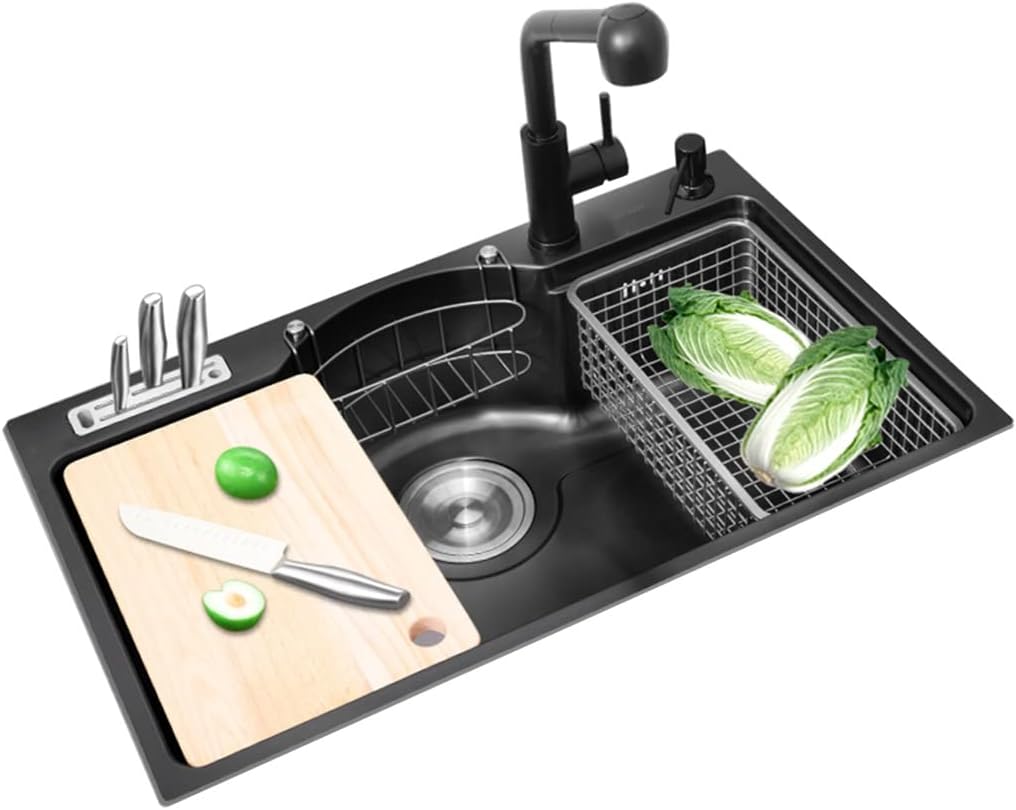 Single Bowl Bar Prep Kitchen Sink Stainless Steel Kitchen RV Sink Drop in Or with Pull Out Faucet & Drain Assembly (Black 78x48x22cm)