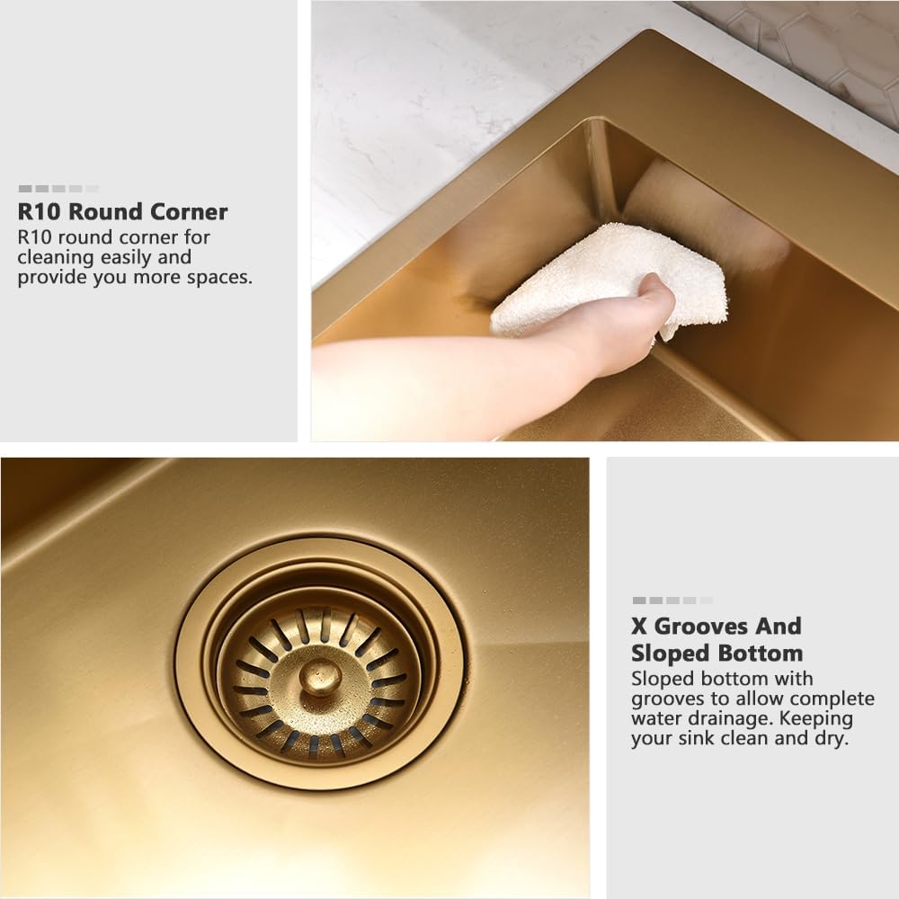 33 Inch Gold Drop In Kitchen Sink with Faucet Combo-VASOYO 33x22 Inch Gold Kitchen Sink with Faucet Combo Set Stainless Steel Deep Single Bowl Topmount Sinks and Faucets
