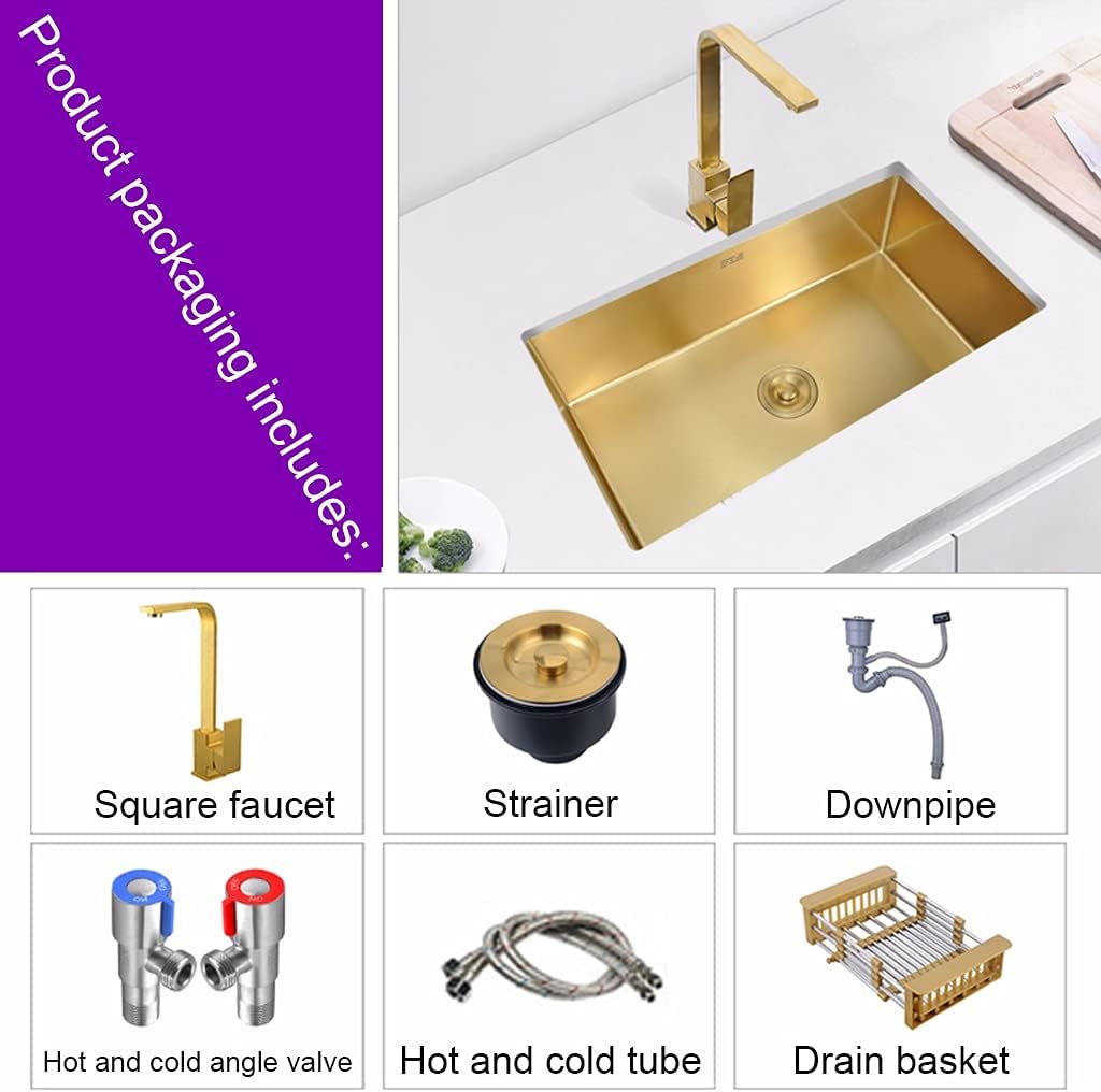 KITCHEN SINK Single Bowl Bar Counter Gold Square 304 Stainless Steel Sink with Square Stainless Steel Faucet and Drain Pipe Drop-in Or Undermount (Color : Gold, Size : 50×45×21cm) (Gold 50×45×21c