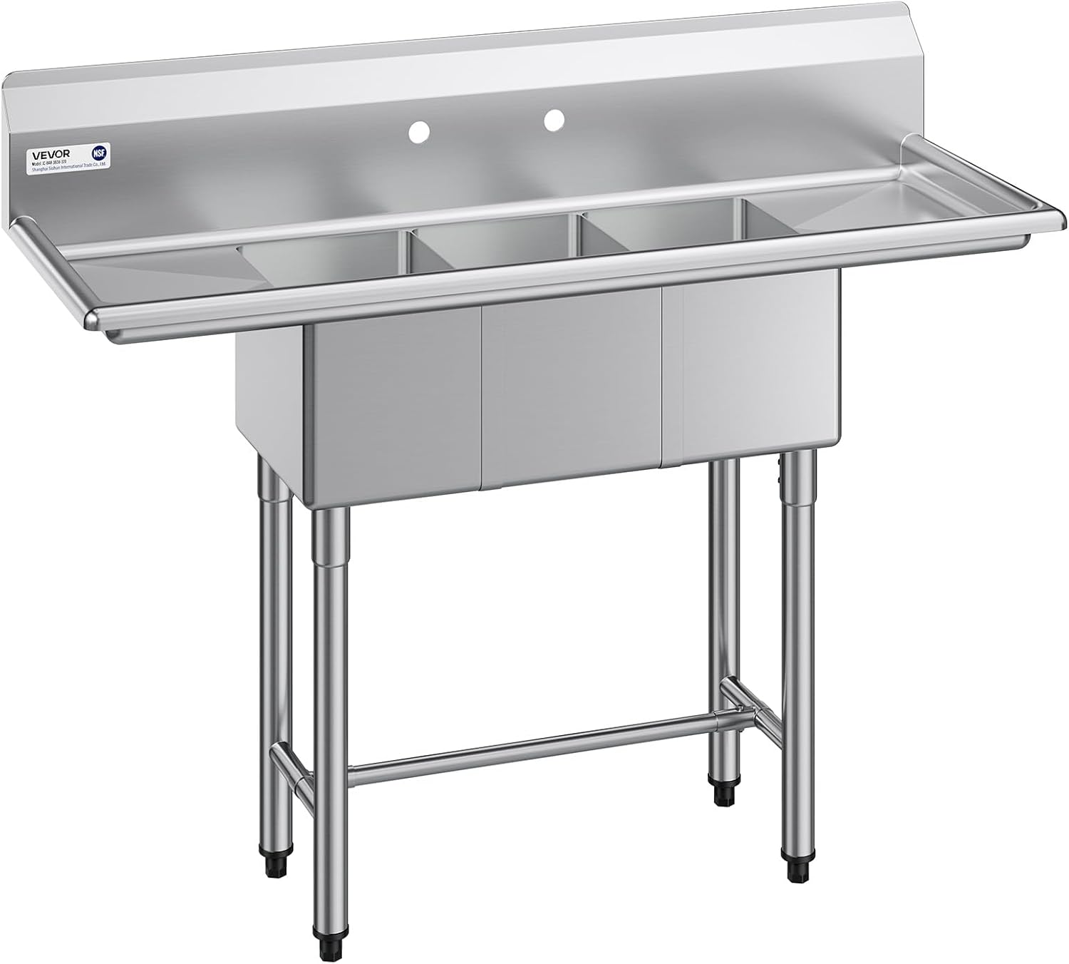 VEVOR 3 Compartment Sink, 18-Gauge 304 Stainless Steel, 10' x 14' x 10' Bowl Size, 3 Bay Commercial Kitchen Prep & Utility Sink with 2 Drainboards and Backsplash for Restaurant, Food Truck & Home Use