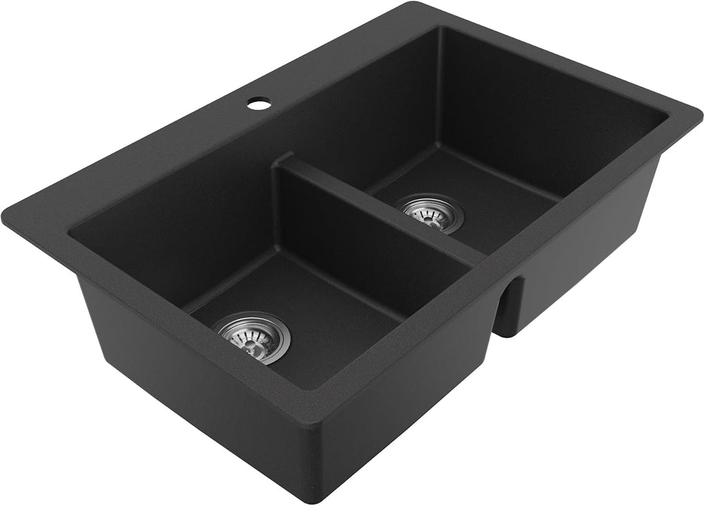 Karran QT-810 33' Top Mount Double Equal Bowl Quartz Kitchen Sink Kit in Black