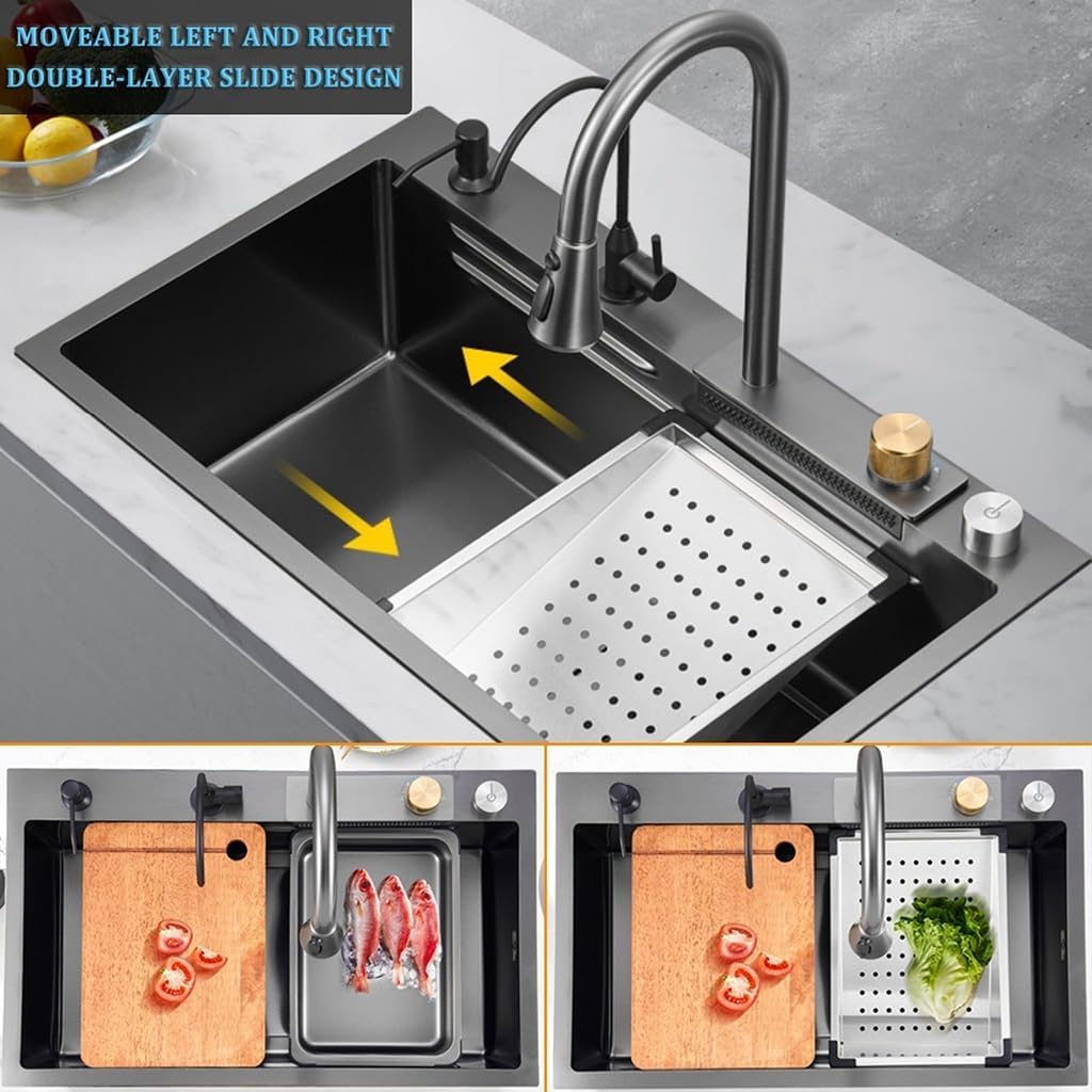 Stainless Steel Single-Bowl Kitchen Workstation Sink Nano-Coated Bar Sink with Pull-Out Faucet and Cup Washer Complete Accessory Set (Color : Black, Size : 75x45x22cm) (Black 68x45x22cm)
