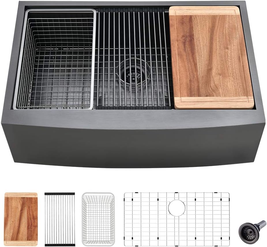 24 Inch Black Farmhouse Sink Workstation-VASOYO 24x22 Apron Front Farmhouse Kitchen Sinks Black Stainless Steel 16 Gauge Deep Single Bowl Farm Sink Undermount with Cutting Board