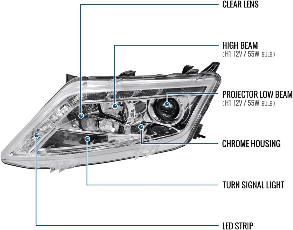 Ronnin - Fits 2010-2012 Ford Fusion Upgraded Replacement LED Running Light Projector Headlights Assembly Pair | Chrome