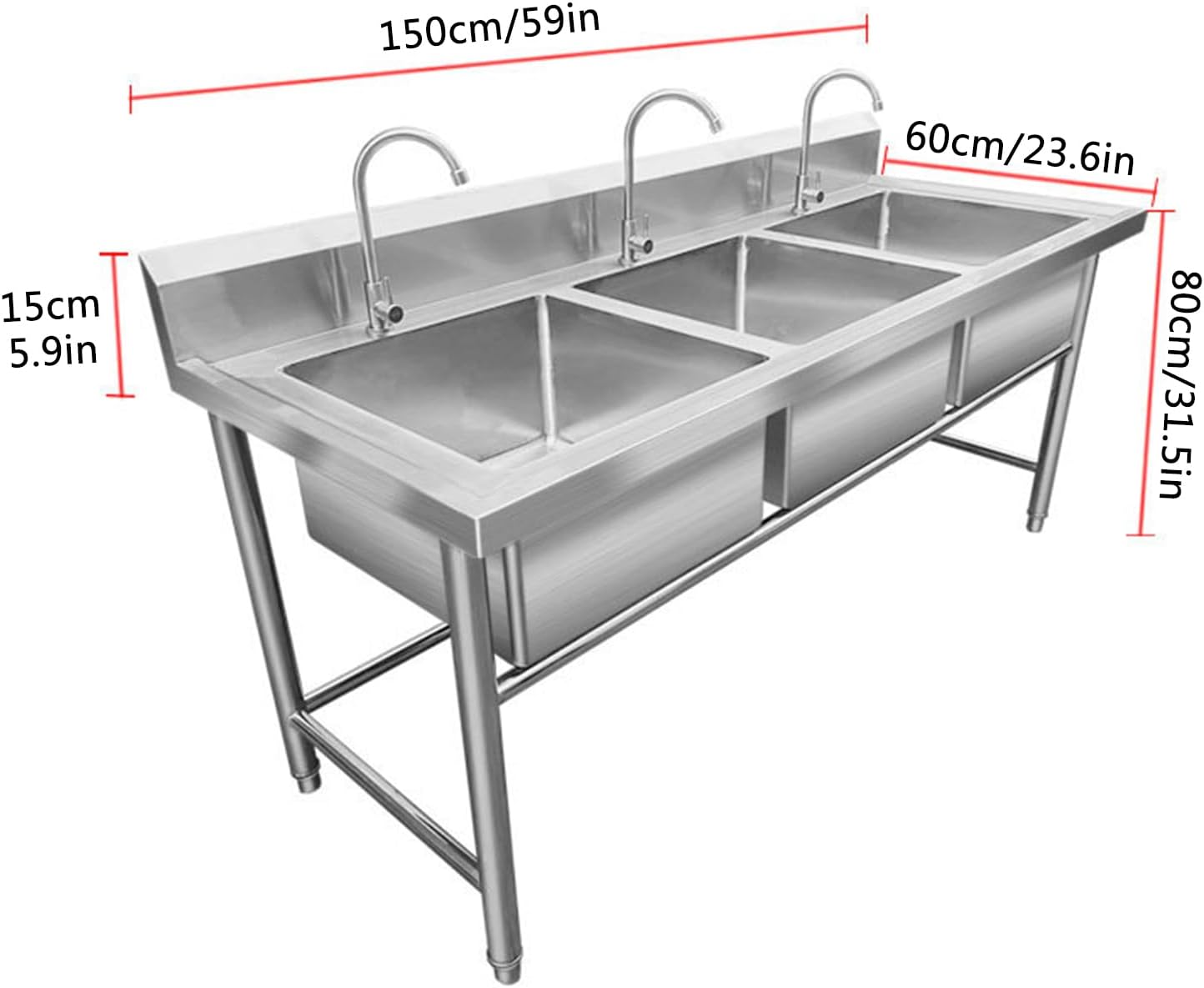 3-Compartment Commercial Stainless Steel Sink, Freestanding Triple Bowl Kitchen Sink, 59' L x 23.6' W x 31.5' H