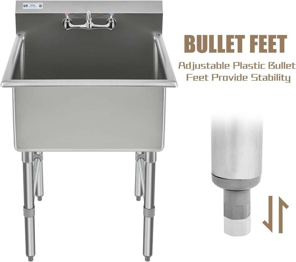 HALLY Commercial Stainless Steel Sink 1 Compartment NSF Prep & Utility Sink with 8' Faucet 24' L x 24' W x 12' D Bowl for Bar, Restaurant, Kitchen, Hotel and Home