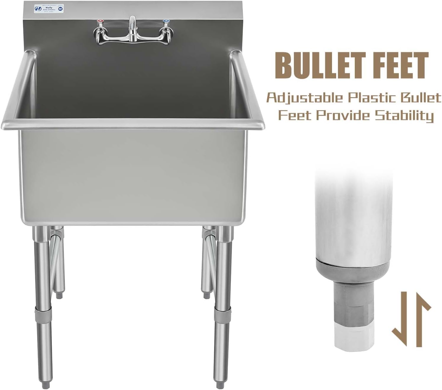 HALLY Commercial Stainless Steel Sink 1 Compartment NSF Prep & Utility Sink with 8' Faucet 24' L x 24' W x 12' D Bowl for Bar, Restaurant, Kitchen, Hotel and Home