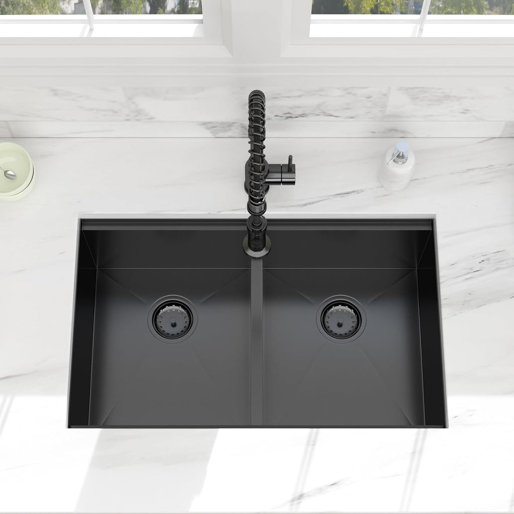 30 Black Undermount Kitchen Sink - 30x19 Gunmetal Black Double Bowl Kitchen Sinks Workstation 16 Gauge Stainless Steel Sink Low Divide Double Basin 50/50