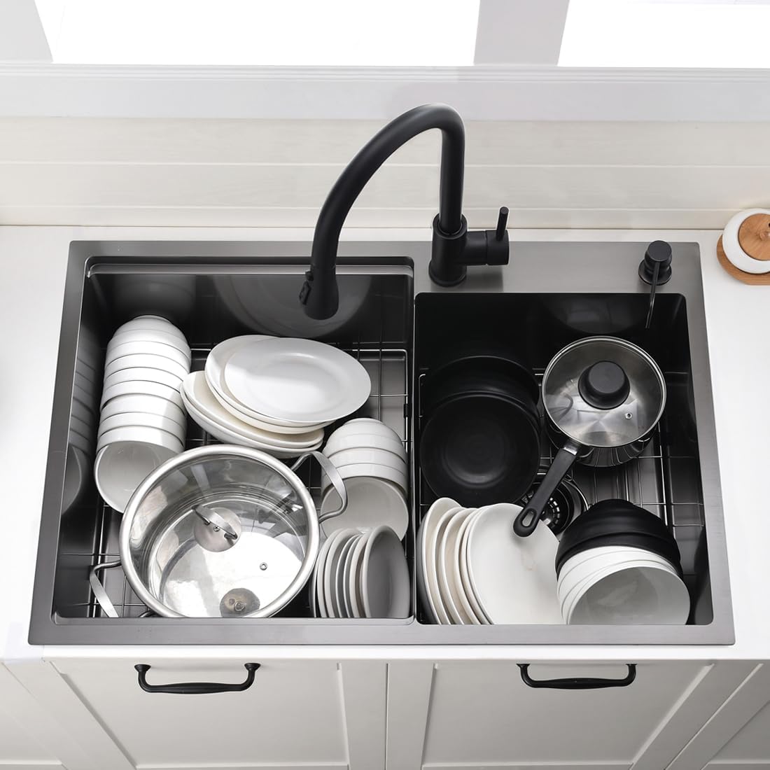 33 Inch Double Bowl Drop In Kitchen Sink Workstation Black - VOKIM 33 x 22 Inch Drop In sink Stainless Steel 16 Gauge 10 Inch Deep Double Bowl Sink