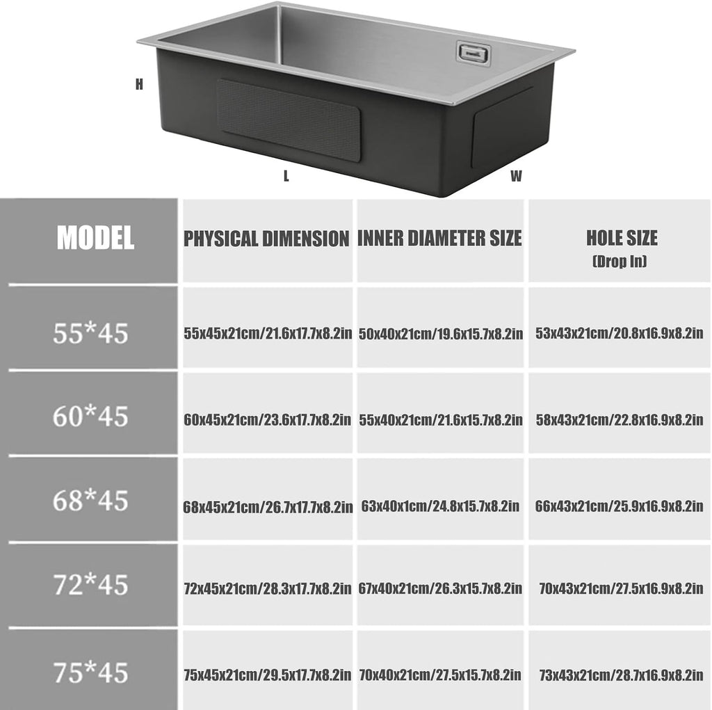 304 Stainless Steel Kitchen Sink Silver Single Bowl Prep Bar Sink with Drain Pipe and Installation Kit Drop in Or Undermount (Color : NO Faucet, Size : 55x45x21cm) (No Faucet 60x45x21cm)