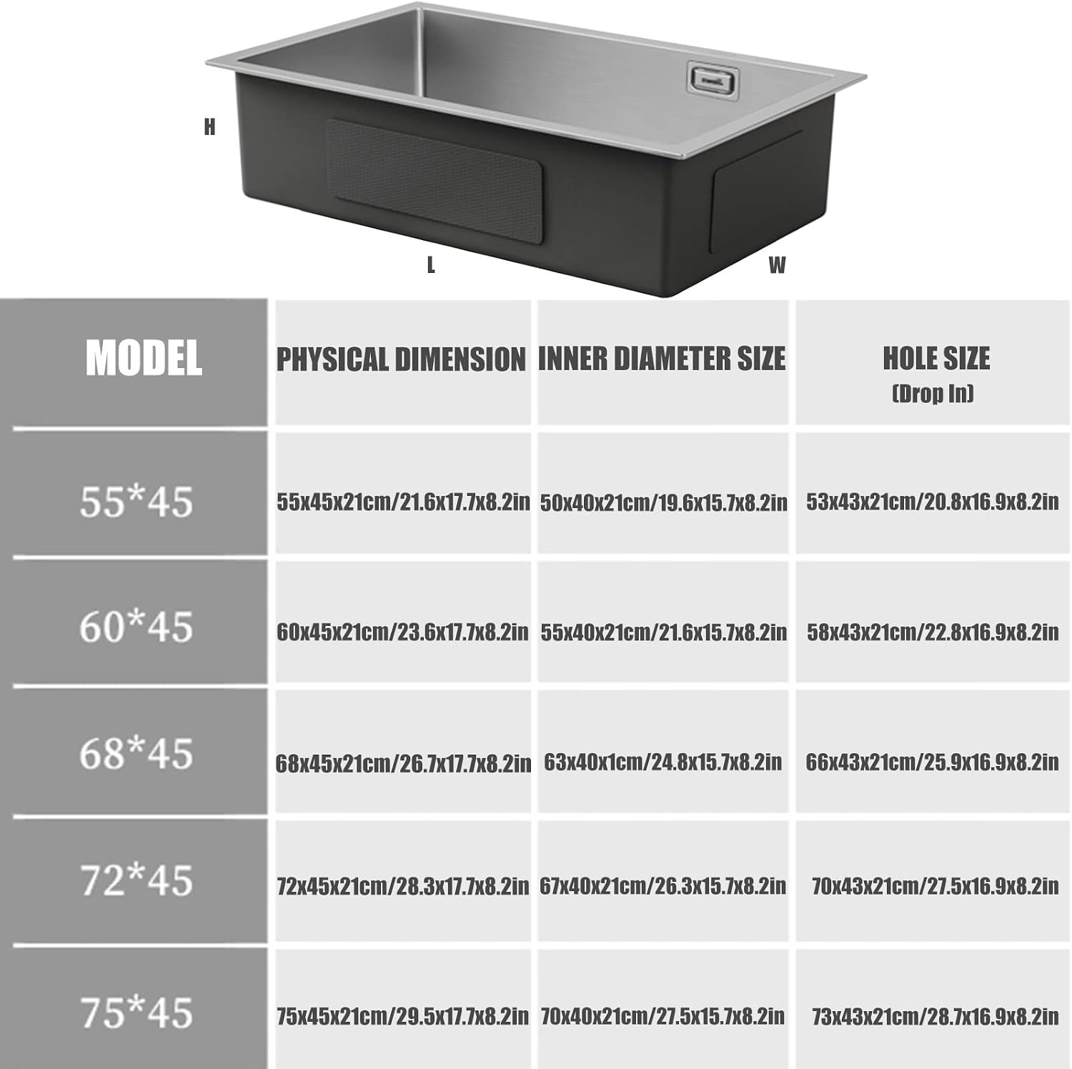 304 Stainless Steel Kitchen Sink Silver Single Bowl Prep Bar Sink with Drain Pipe and Installation Kit Drop in Or Undermount (Color : NO Faucet, Size : 55x45x21cm) (No Faucet 60x45x21cm)