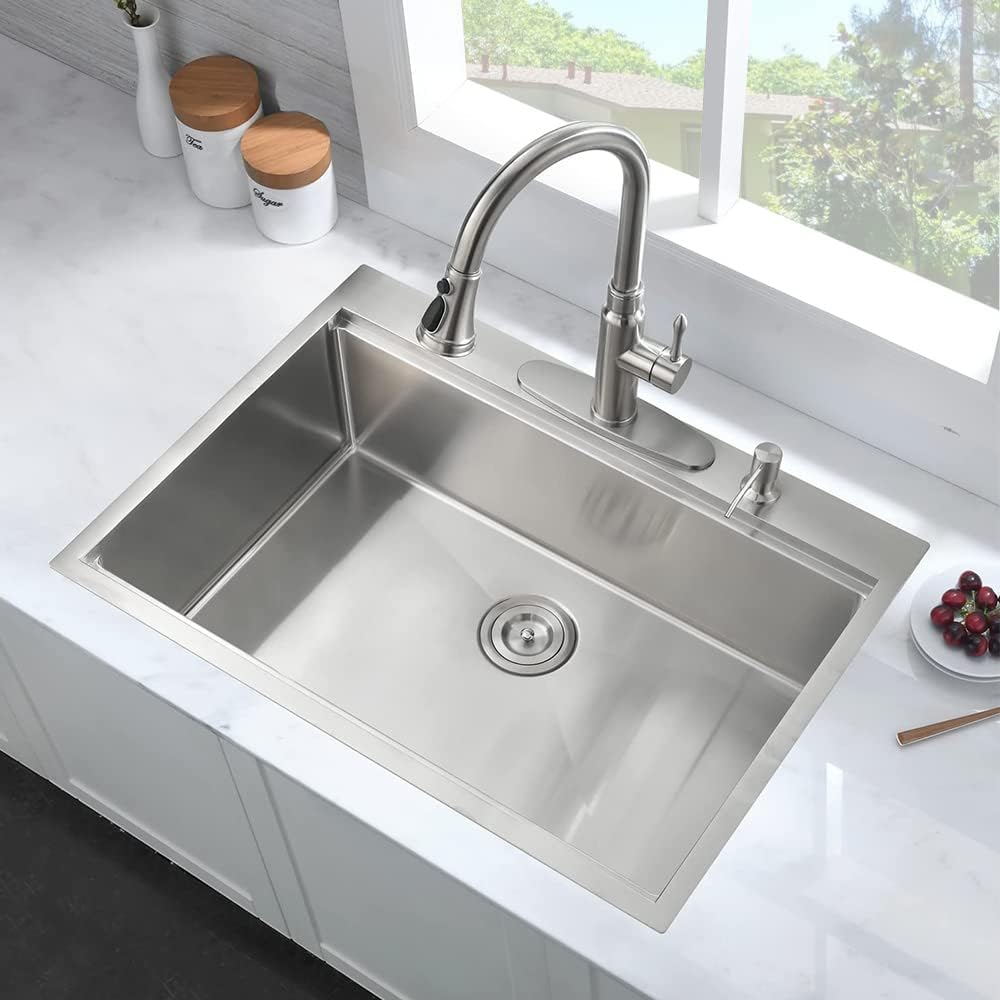 30 Inch Drop In Kitchen Sink, 30x22 Single Bowl Stainless Steel Kitchen Sink Drop in Workstation 16 Gauge Handmade with Cutting Board