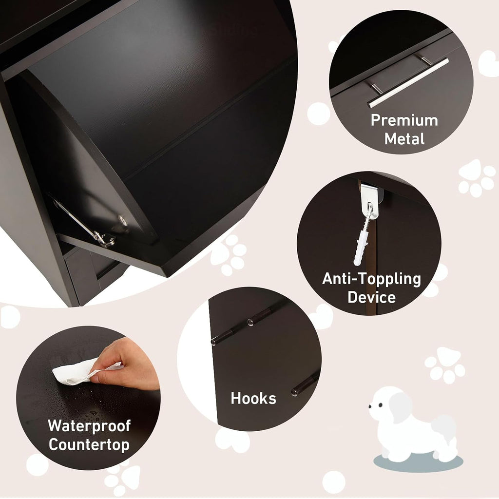 Dog Food Cabinet Feeding Station with 2 Raised Bowls, Pull Out Elevated Dog Bowl, Storage, 3 Hangers, Pet Feeder Toy Leashes Organizer, Brown