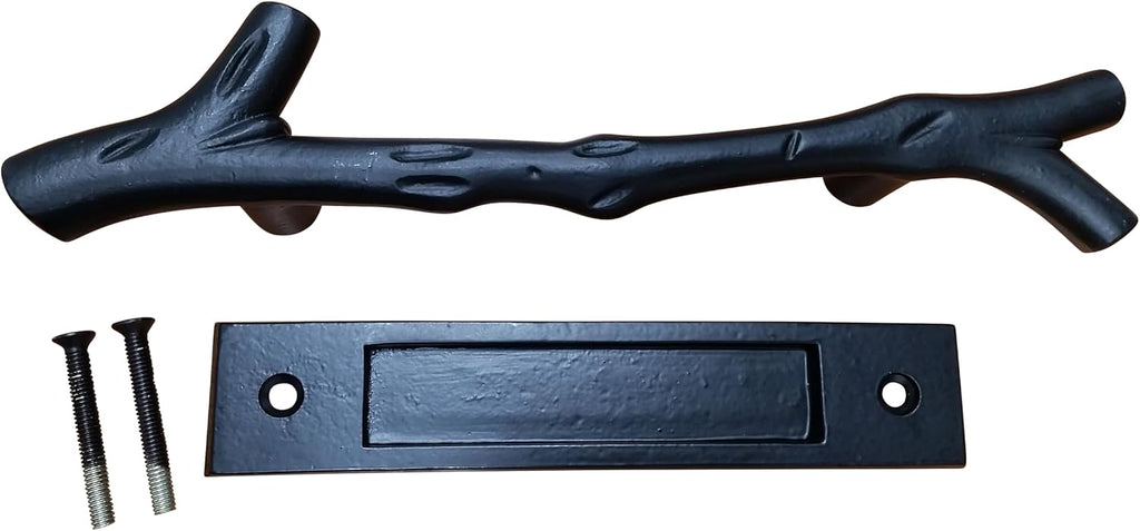 Wild West Hardware Large Tree Branch Barn Door Handle and Matching Smooth Flush Pull - Black Powder Coat Finish - Set