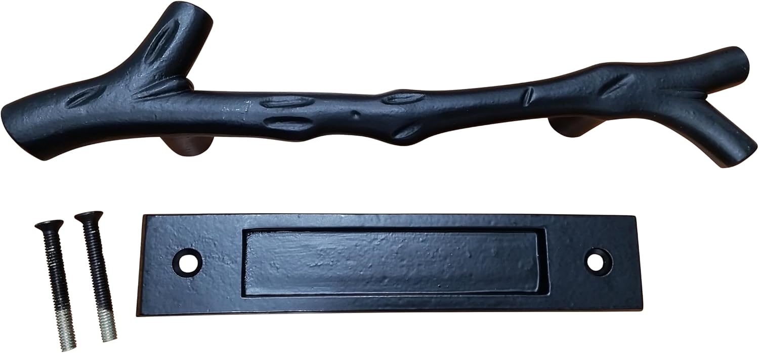 Wild West Hardware Large Tree Branch Barn Door Handle and Matching Smooth Flush Pull - Black Powder Coat Finish - Set