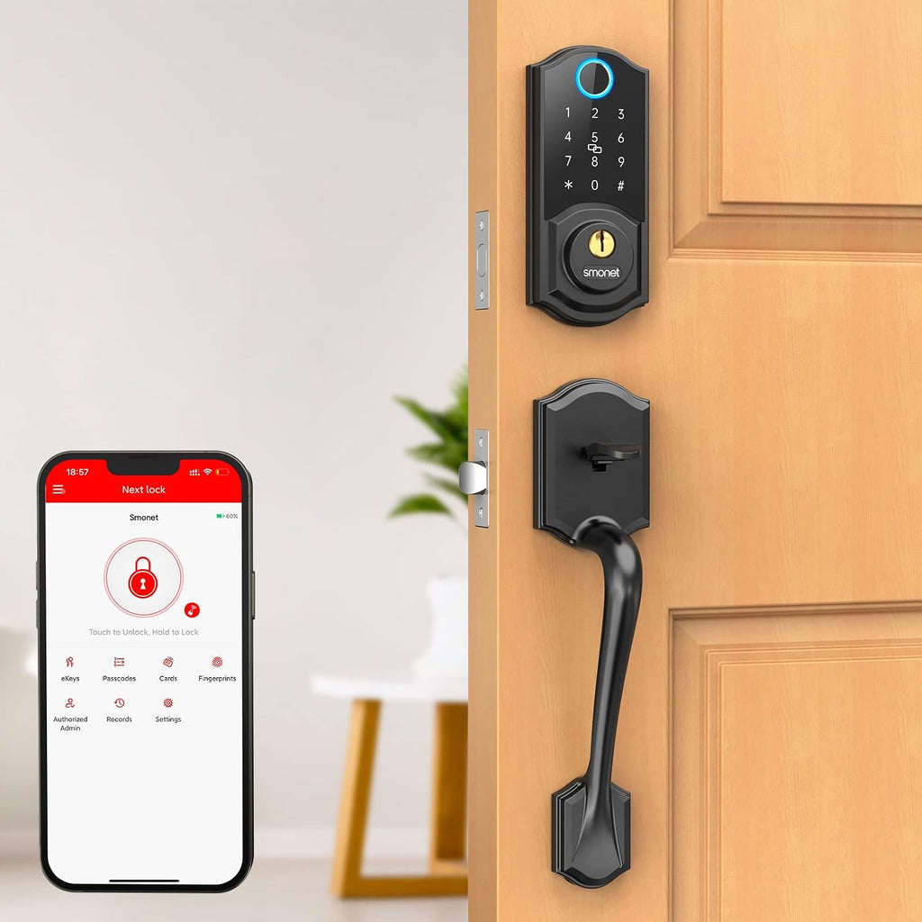Smart Lock Front Door Set - SMONET Keyless Entry Door Lock with Handle Smart Front Door Lock Set Fingerprint Smart Deadbolt Bluetooth Electronic Digital Keypad Lock Auto Compatible with Alexa