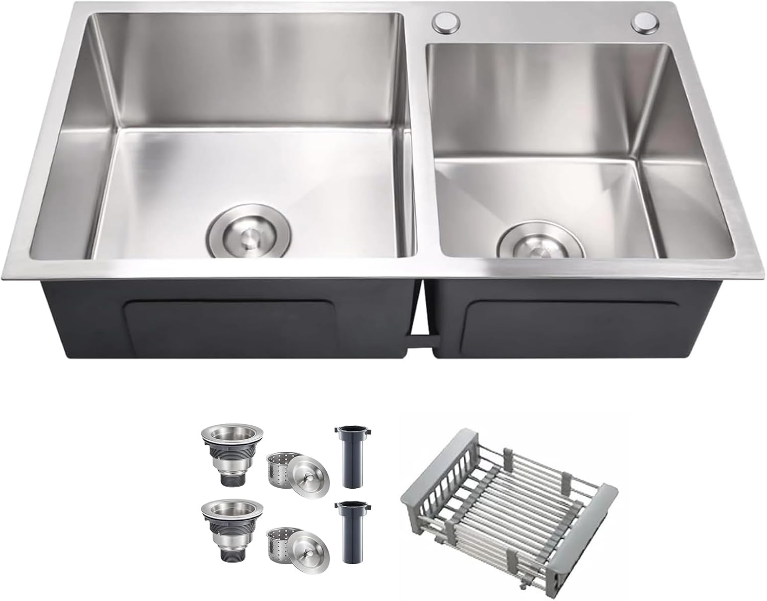31' x 18' Silver Double Bowl Kitchen Sink, Drop-in/Topmount Overmount Kitchen Sinks with 304 Nano-Coated and Drainage Pipes & Fruit Basket
