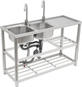 Free Standing Commercial Kitchen Sink Stainless Steel, Double Bowl Utility Sink with 2 360° Rotatable Faucet and Water Pipes Restaurant Outdoor Utility Sink Left Dual-Bowl (47x17.7x31.5in)