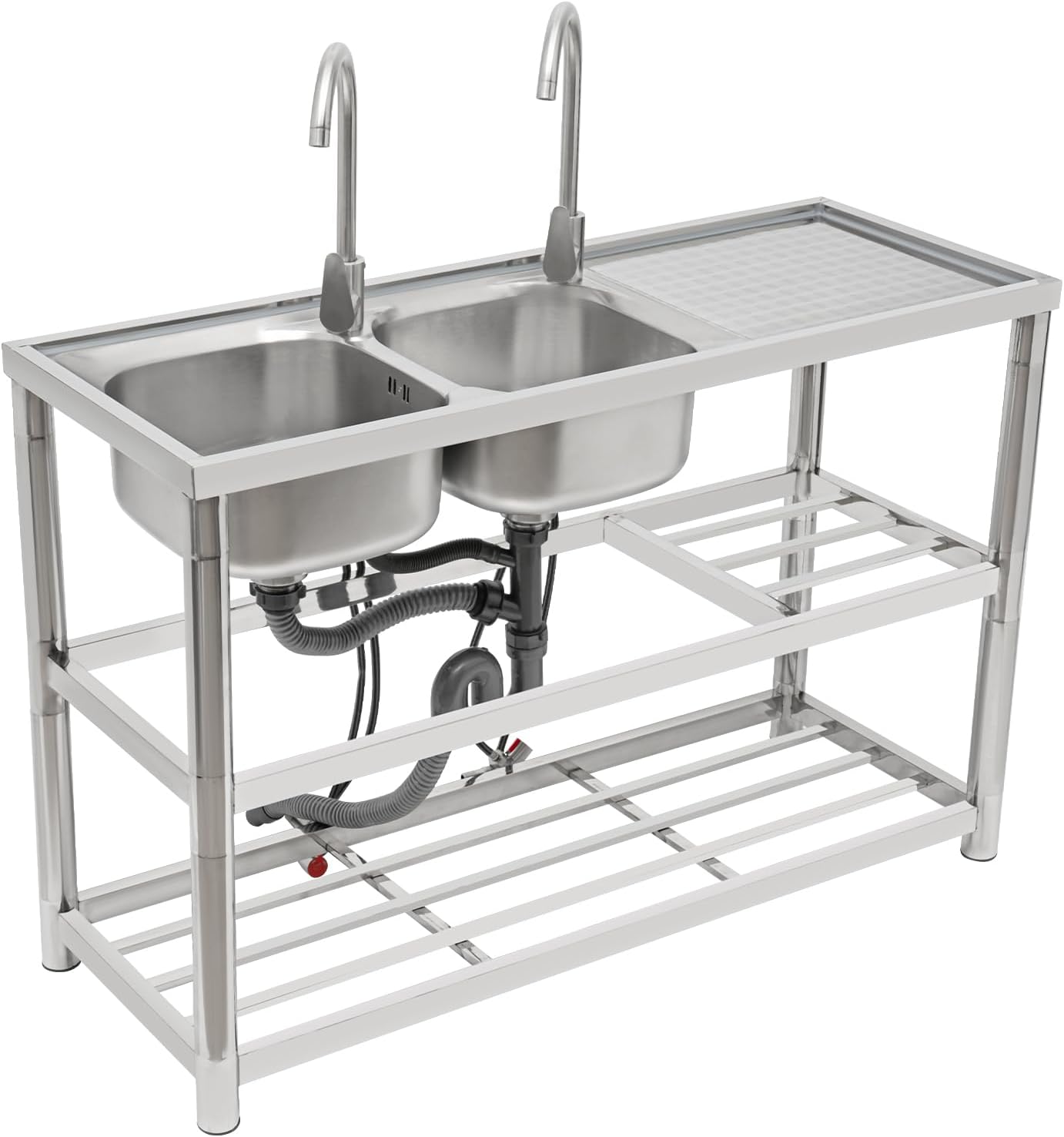 Free Standing Commercial Kitchen Sink Stainless Steel, Double Bowl Utility Sink with 2 360° Rotatable Faucet and Water Pipes Restaurant Outdoor Utility Sink Left Dual-Bowl (47x17.7x31.5in)