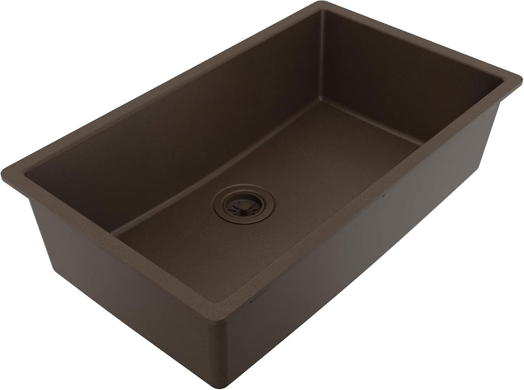 Karran Undermount 33' Large Single Bowl Granite Quartz Composite Kitchen Sink in Brown – Extra Deep 9' Basin, Heat & Scratch Resistant, Sound Dampening, Rear Drain – QU-812
