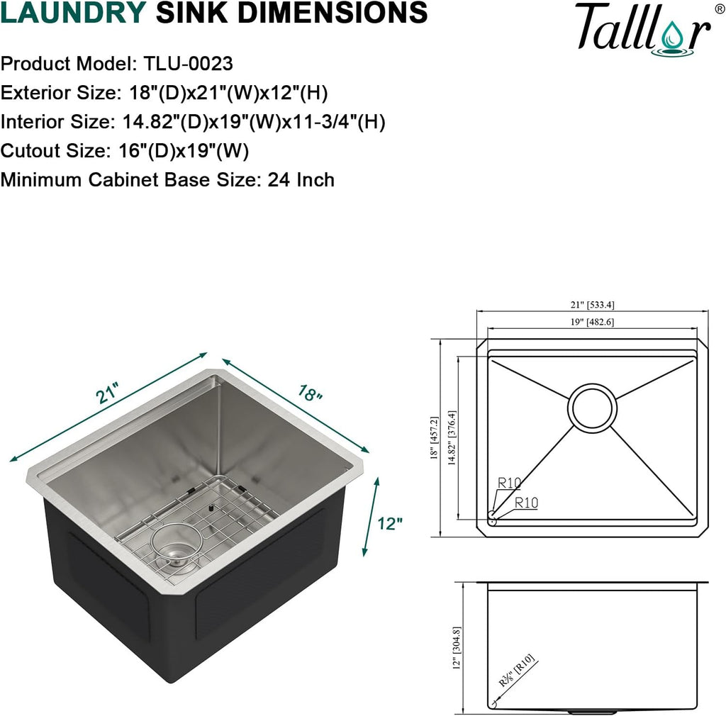 12' Deep Undermount Laundry Sink - 21'x18'x12' Workstation Stainless Steel Utility Sink 16 Gauge Single Bowl Sinks for Kitchen, Laundry, and Outdoor #TLU-0022