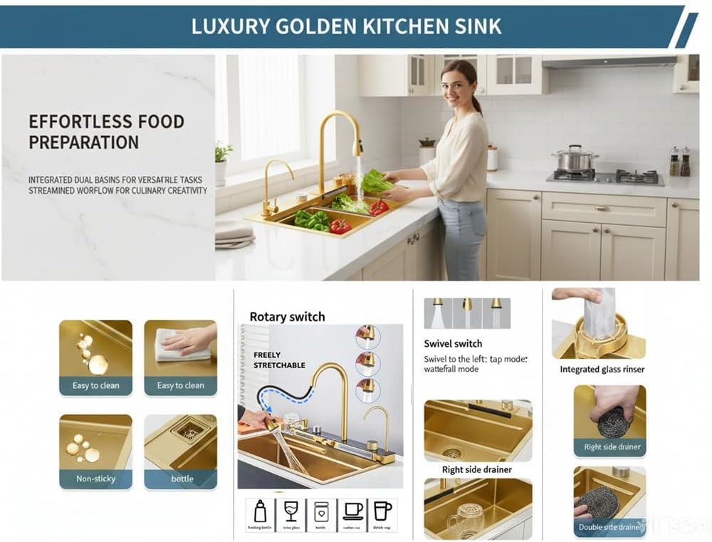Gold Nano Stainless Steel Kitchen Sink - Single Bowl Workstation with Integrated Waterfall Pull-Out Faucet & Complete Accessory Set (29.5 X 17.7 Inch)