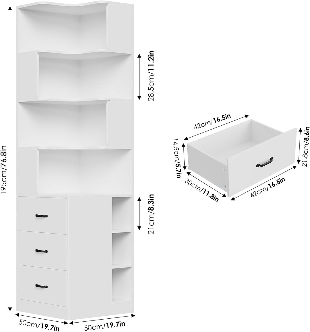 FACBOTALL 76.8' Corner Bookshelf with 3 Drawers and 3 Side Storage Cubbies, L Shaped Tall Bookshelf and Bookcase, 4 Tier Corner Bookcase, Wood Narrow Book Shelf for Living Room, Office, White