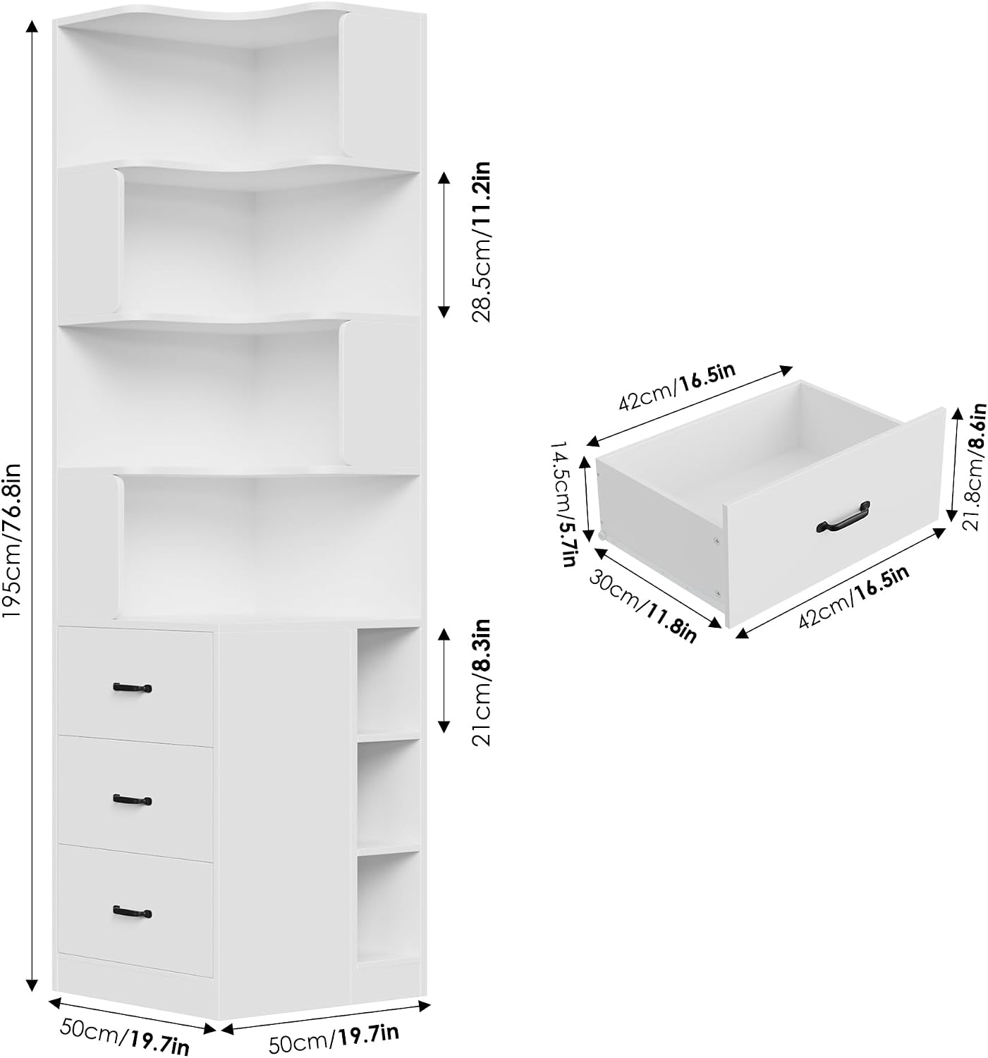 FACBOTALL 76.8' Corner Bookshelf with 3 Drawers and 3 Side Storage Cubbies, L Shaped Tall Bookshelf and Bookcase, 4 Tier Corner Bookcase, Wood Narrow Book Shelf for Living Room, Office, White