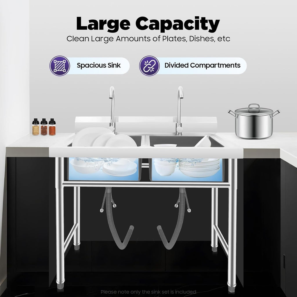 2 Compartment Commercial Kitchen Sink, Stainless Steel Freestanding Double Bowl Utility Sink With 2 360° Rotating Faucet Heavy Duty Portable Double Sink for Kitchen Garage(35.8x21.3x40in)
