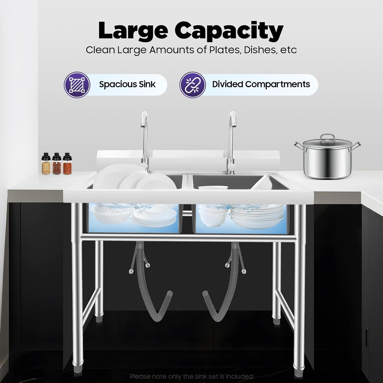 2 Compartment Commercial Kitchen Sink, Stainless Steel Freestanding Double Bowl Utility Sink With 2 360° Rotating Faucet Heavy Duty Portable Double Sink for Kitchen Garage(35.8x21.3x40in)