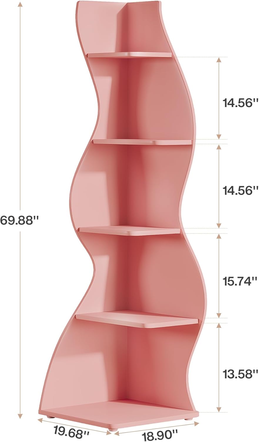 Tribesigns Wavy Corner Shelf Set of 2, Modern 5-Tier Bookshelf Etagere Bookcase with Curvy Shape, Unique Plant Stand Display Shelf for Living Room Small Space (Pink)