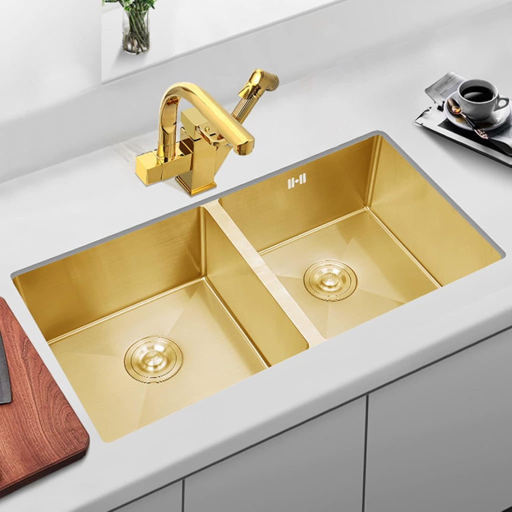 304 Stainless Steel Kitchen Sink Gold Double Bowl Bar Sinks with Faucet and Sink Accessories Drop-in Or Undermount (Color : B-Have Faucet, Size : 80x45x22cm) (Chave Faucet 78x43x22cm)