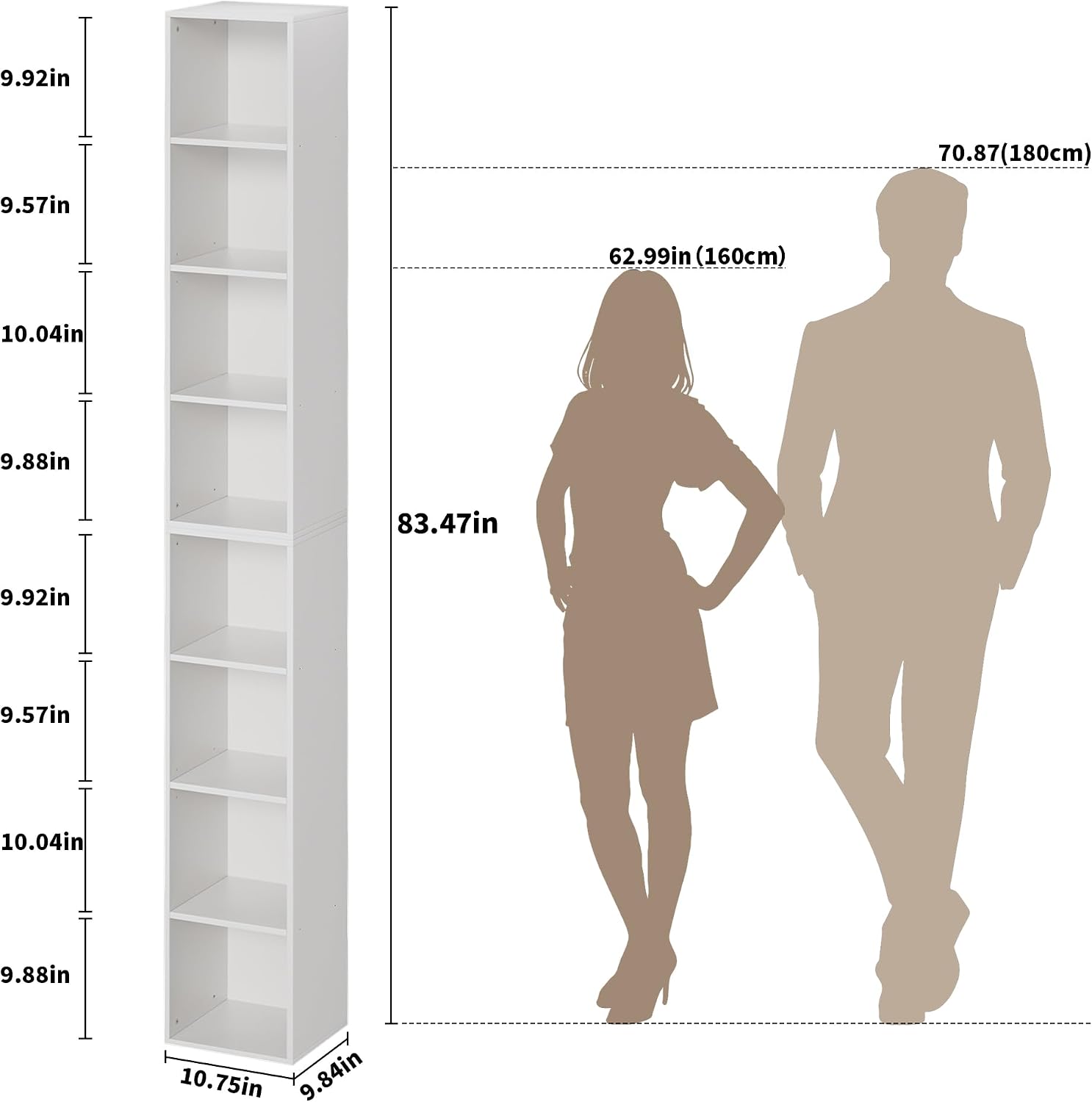 Book Shelf, 8 Tier Bookcase, 82.6 inches Tall Narrow Bookshelf, Wooden 8 Cube Storage Media Shelf, Vertical Slim Book Case with Removal Panels for Living Room, Bedroom, Entrance Hall