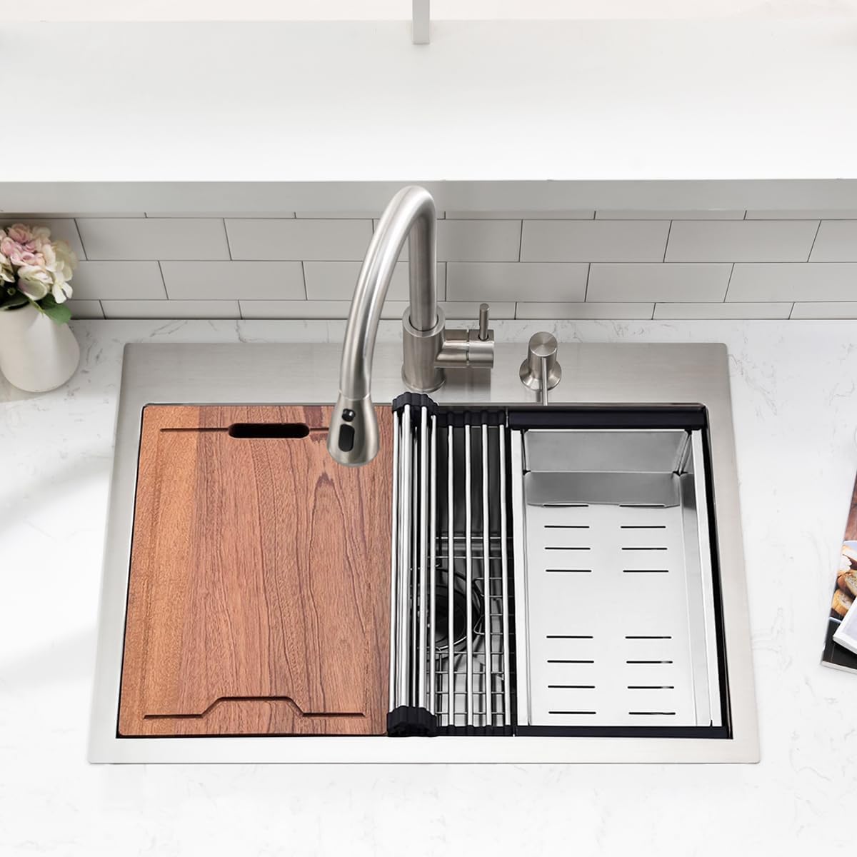 26 inch Drop in Kitchen Sink - VOKIM 26'x 19' Inch Drop in sink Workstation 16 Gauge Single Bowl Kitchen Sink With Cutting Board& colander