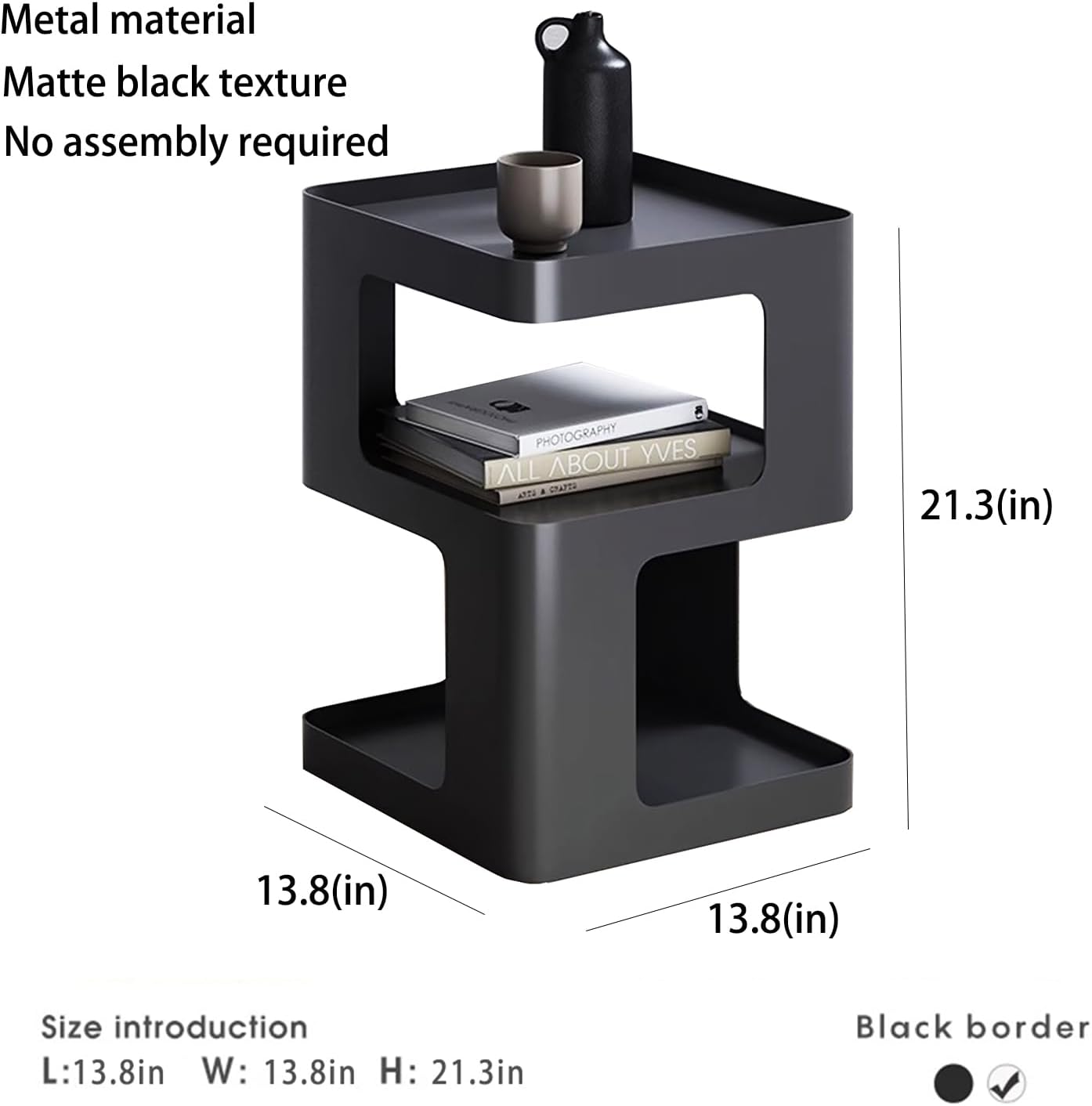 Modern Metal Side Table with Storage,Small End Table for Sofa & Couch,3-Tier Compact Nightstand for Small Spaces,Black Bedside Tables for Living Room & Bedroom,No Assembly Required