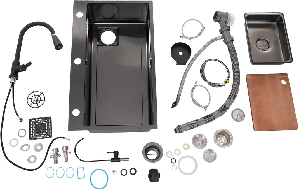 DYRABREST 29.5 Inch Stainless Steel Kitchen Sink Multi-Function Commercial Sink Set with Cutting Board & Basin-in-Basin, Drop-In/Undermount Install, Cup Rinser and Drainer for Restaurant Home (Black)