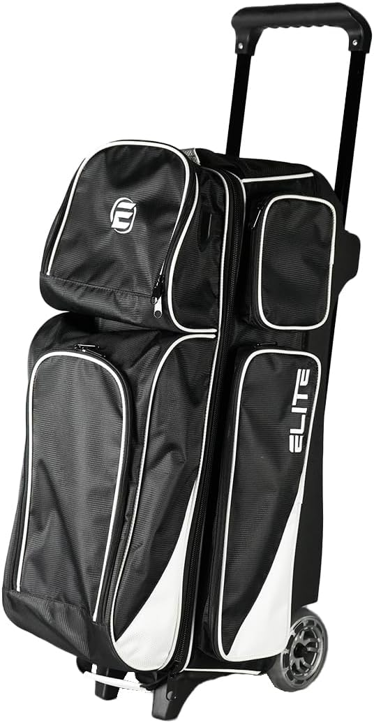 ELITE Deluxe 3 Ball Roller Bowling Bag with 5' Smooth Wheels - 4 Large Accessory Pockets, Shoe Compartment, Extendable Handle - USB Charging Port
