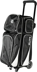 ELITE Deluxe 3 Ball Roller Bowling Bag with 5' Smooth Wheels - 4 Large Accessory Pockets, Shoe Compartment, Extendable Handle - USB Charging Port