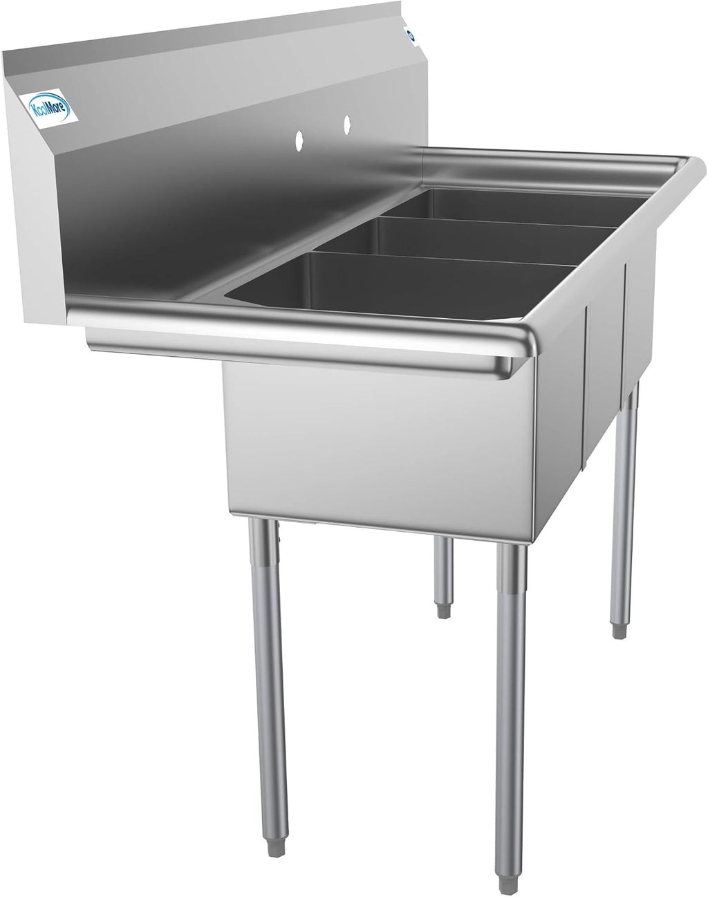 KoolMore 3 Compartment Stainless Steel NSF Commercial Kitchen Sink with Drainboard - Bowl Size 12' x 16' x 10',Silver