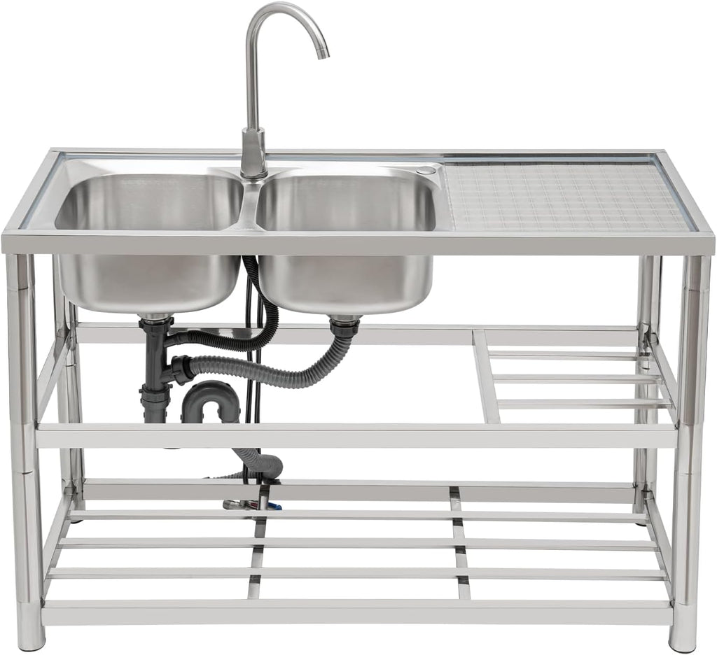 Free Standing Commercial Kitchen Sink Stainless Steel, Double Bowl Utility Sink with 360° Rotatable Faucet and Water Pipes Restaurant Outdoor Utility Sink Left Dual-Bowl (47x17.7x31.5in-A)